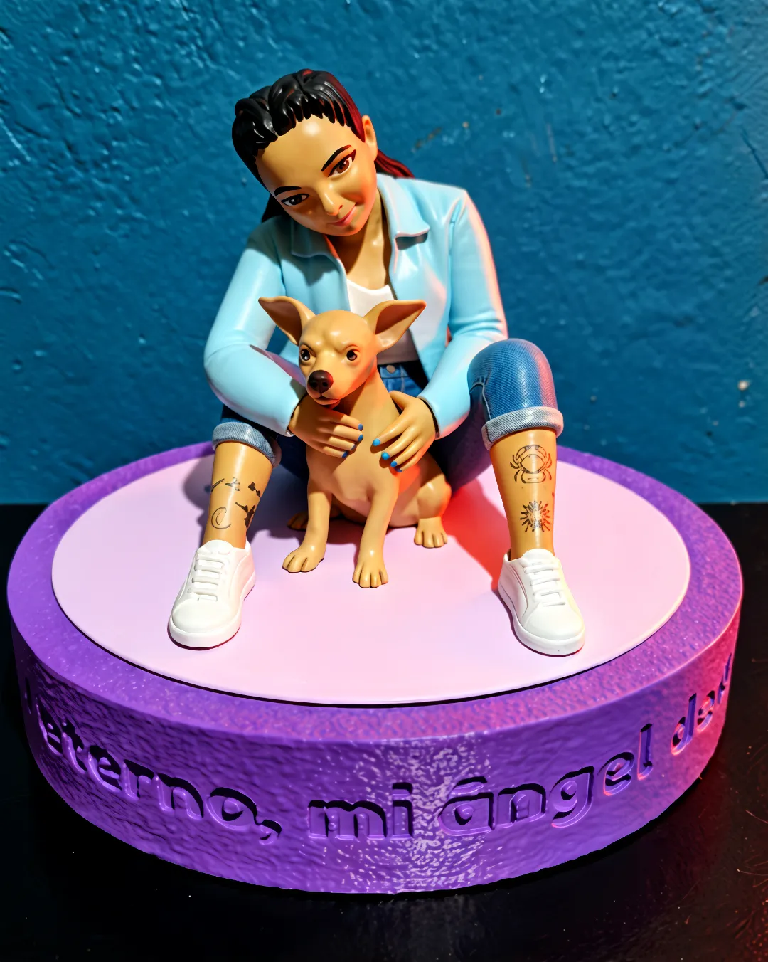 Figura estilo animación de mujer con tatuajes y su perro sobre base morada con textura