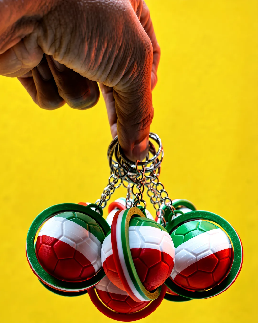 Llaveros con balones de fútbol giratorios en colores verde, blanco y rojo dentro de un aro