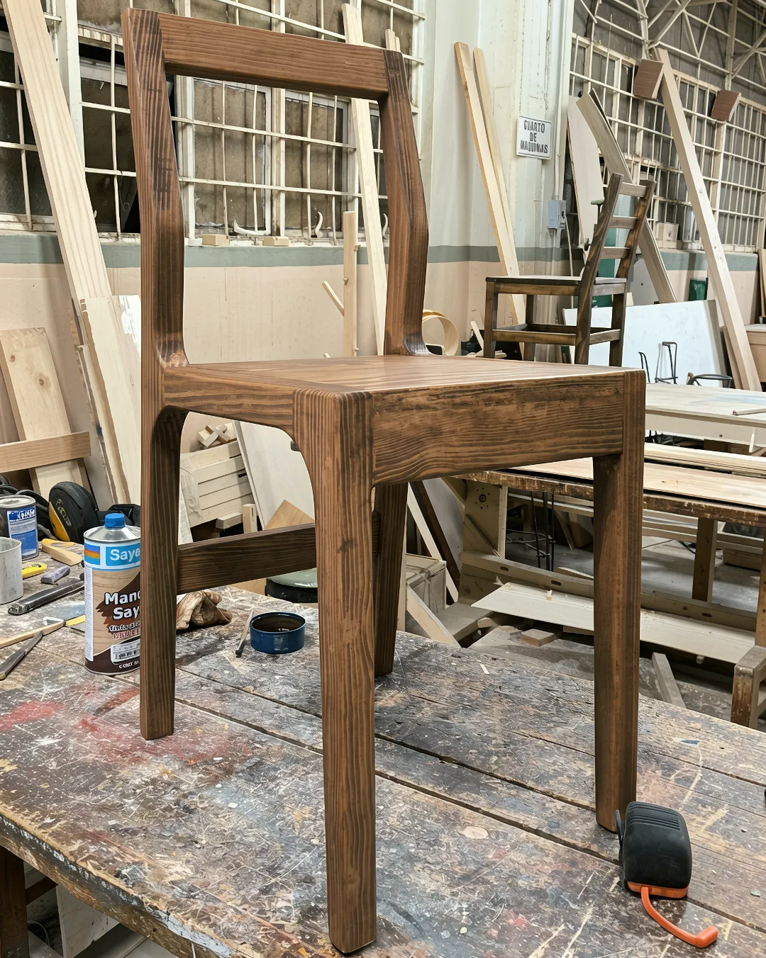 Silla de madera de pino sobre mesa de taller