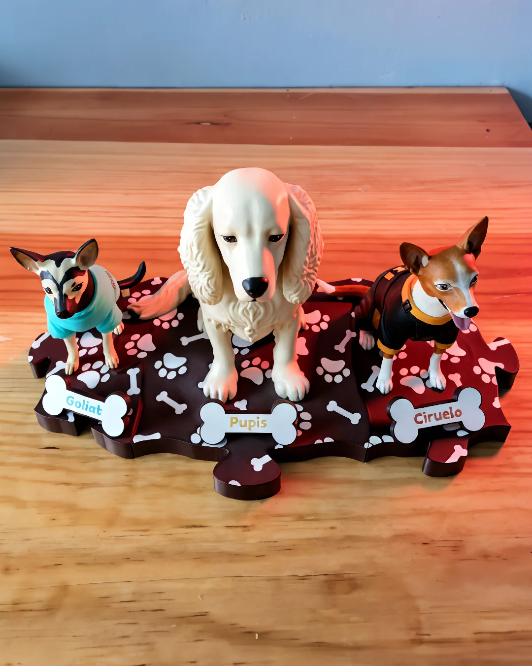 Figuras semirrealistas de los perros Goliat, Pupis y Ciruelo sobre base modular de rompecabezas
